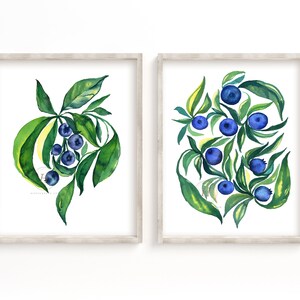 Blueberry Watercolor Prints set of 2 Kitchen Wall Art