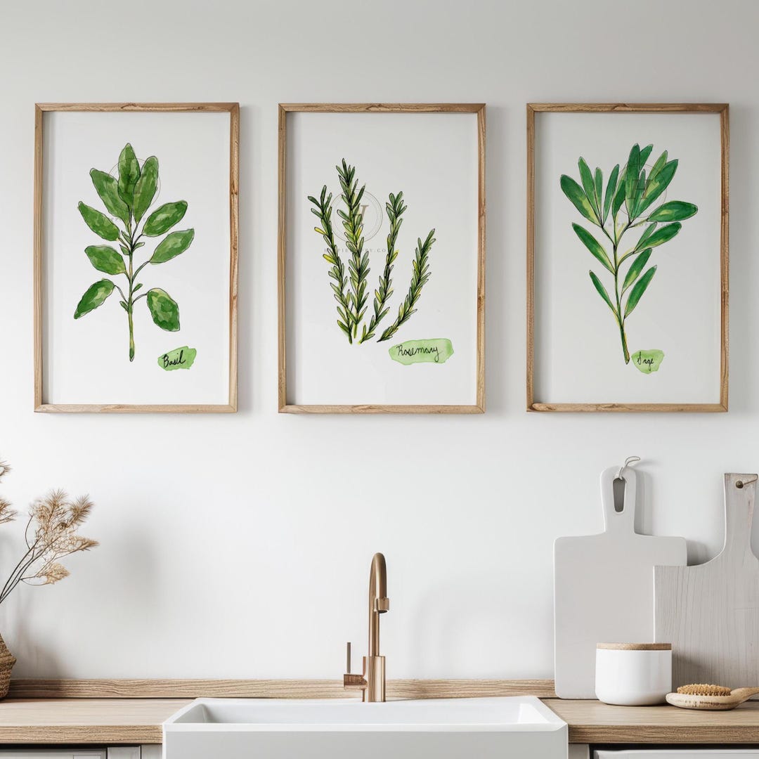 Set of 3 Herb Prints | Farmhouse Botanical Kitchen Wall Art - Etsy