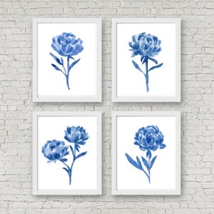 Blue Peony Flowers Set of 4 Prints