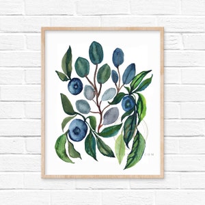 Eucalyptus and Blueberries Watercolor Print