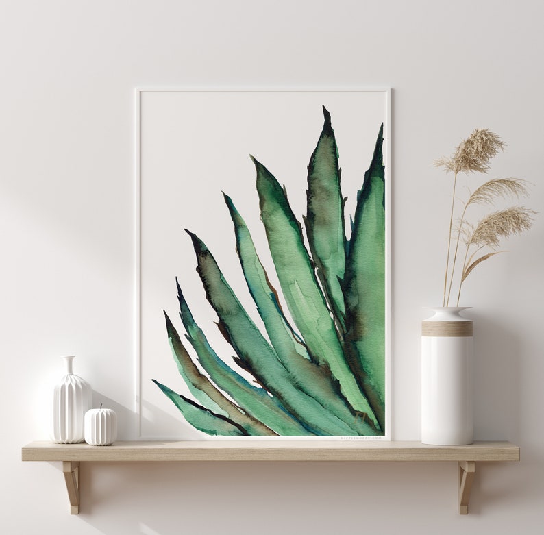 May include: A framed watercolor print of a green agave plant. The artwork features long, pointed leaves in shades of green and brown against a white background. The print is displayed on a light wood shelf with white vases and decorative dried plants.