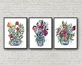 Flowers Watercolor Print set of 3 by HippieHoppy