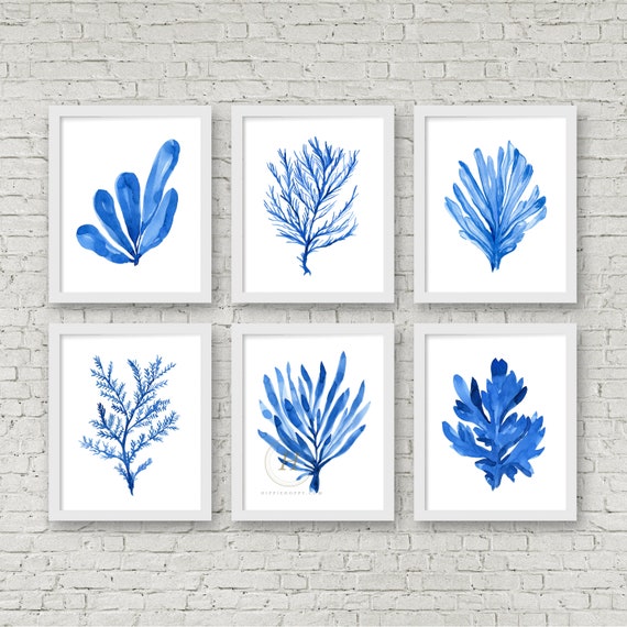 Coastal Wall Art Blue Seaweed Print Watercolor Set Of Etsy Coastal Wall Art Blue Seaweed Print Watercolor Set Of Etsy