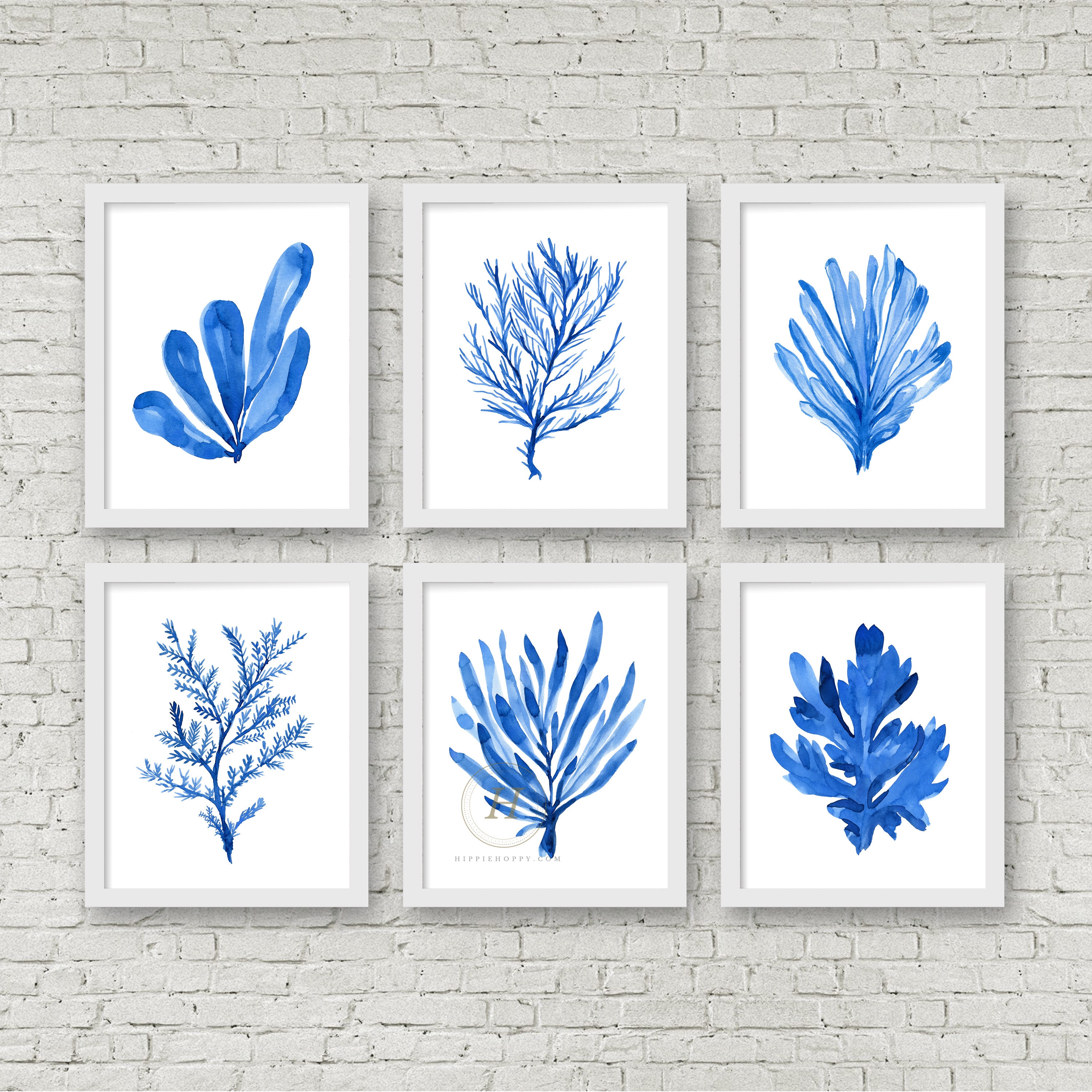 Coastal Wall Art Blue Seaweed Print Watercolor Set of 6 Prints - Etsy