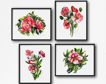 Pink Flowers, Watercolor Print, set of 4, Floral Art by HippieHoppy