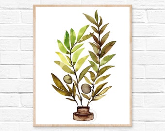 May include: Watercolour painting of green and brown leafy branches with small round fruits in a brown vase. The painting is framed in a light wood frame.