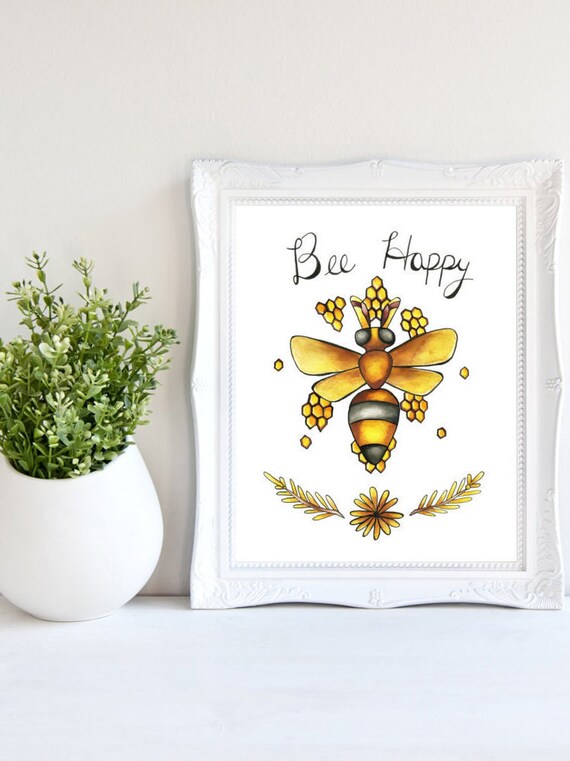 Items similar to Bee Happy Print, Bee Art, Bug Art, Bee Decor, Bee Wall