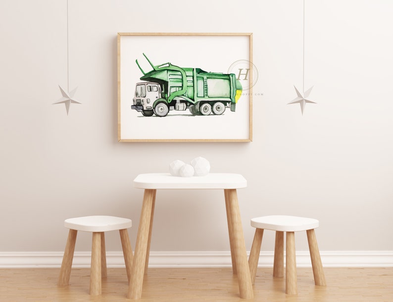 Trash Truck Front Loader Watercolor Print Boys Room Art