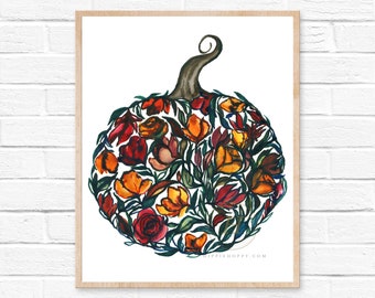 Floral Pumpkin Art Print: Fall Watercolor Painting