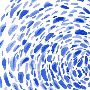 May include: Abstract watercolor painting with a swirling pattern of blue and white. The blue paint is applied in a variety of shapes and sizes, creating a dynamic and textured effect.