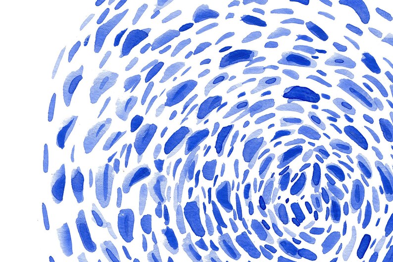 May include: Abstract watercolor painting with a swirling pattern of blue and white. The blue paint is applied in a variety of shapes and sizes, creating a dynamic and textured effect.