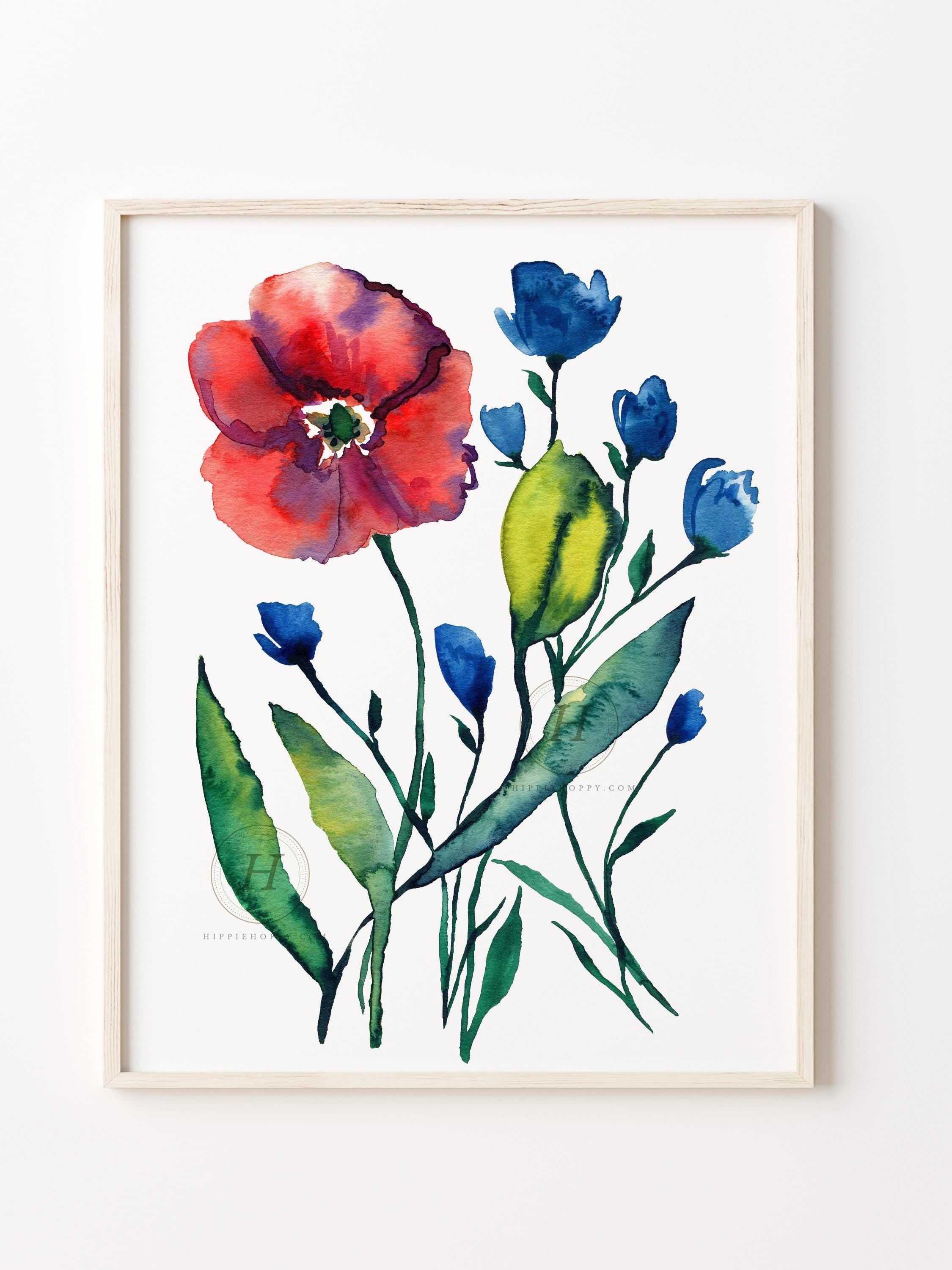 花の水彩画プリント ピンクと赤の花のアート - Etsy 日本