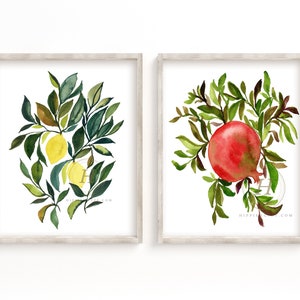 Lemon and Pomegranate Watercolor Art Prints set of 2 by HippieHoppy