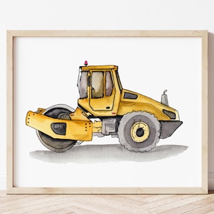 May include: A watercolor illustration of a yellow construction vehicle, a road roller, with a red flashing light on top. The vehicle has a gray tire and a gray roller.