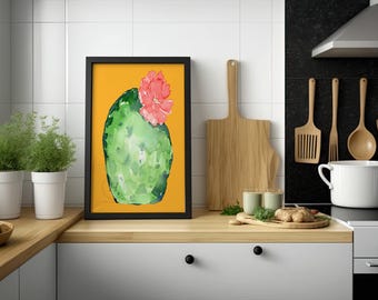 緑のウチワサボテンと花の水彩画アートプリント | 砂漠の多肉植物の