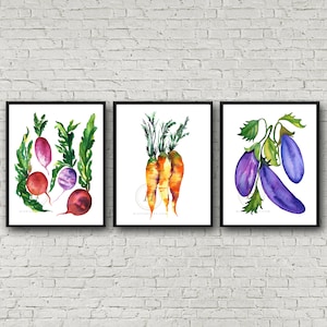 Vegetables Watercolor Prints Set of 3 Kitchen Wall Art