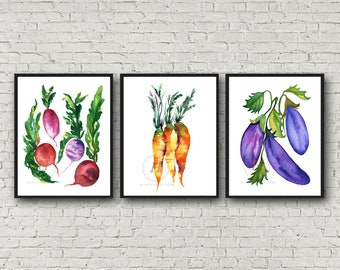 Vegetables Watercolor Prints Set of 3 Kitchen Wall Art