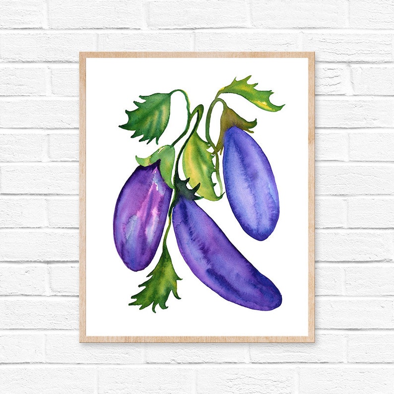 eggplant watercolor kitchen decor purple kitchen art | etsy