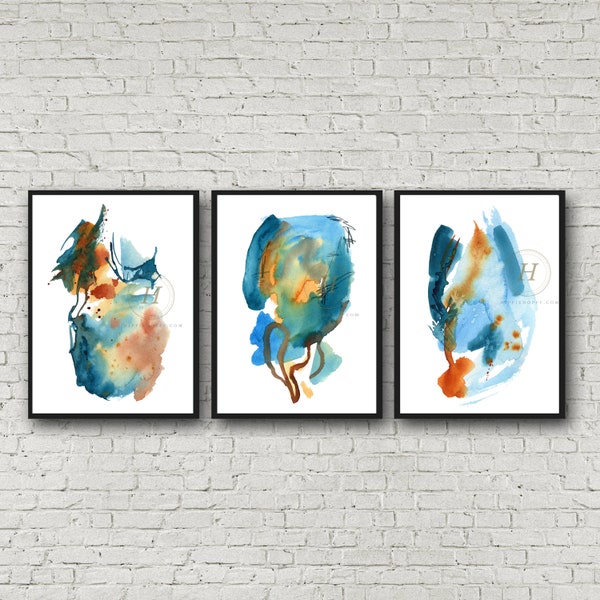 Abstract Blue Watercolor Print Set of 3 Watercolor Art