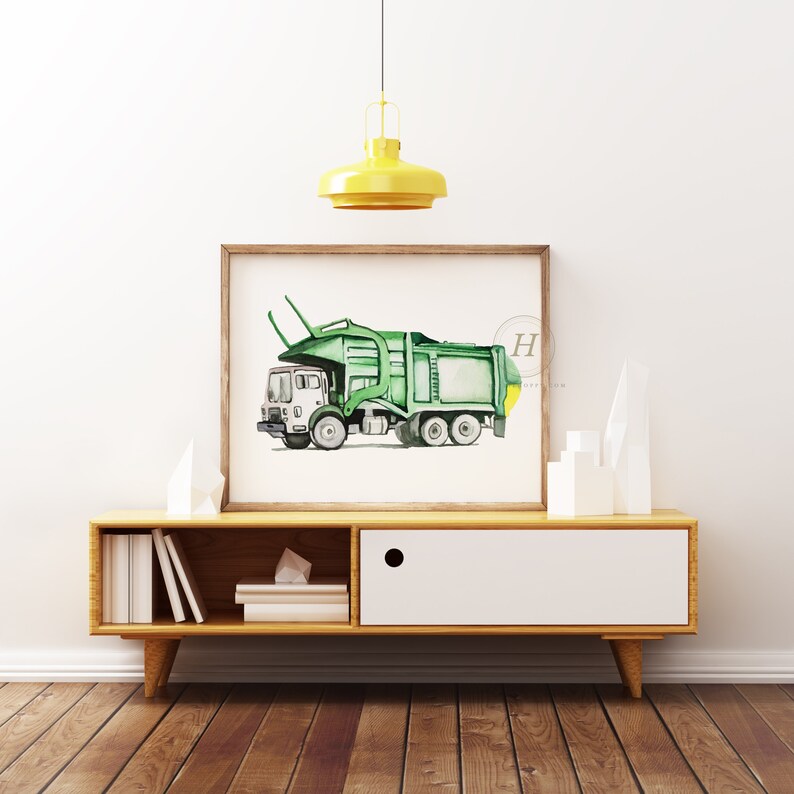 Trash Truck Front Loader Watercolor Print Boys Room Art