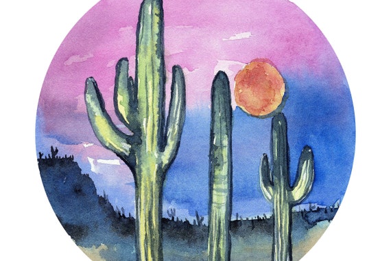 Original Painting Home Décor Wall Art Purple Cactus Watercolor Print