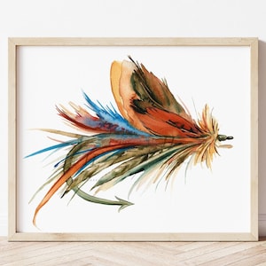 Stampa acquerello di mosca da pesca con amo da pesca