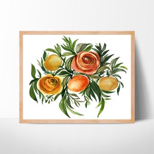 Flowers and Oranges Watercolor Print by HippieHoppy