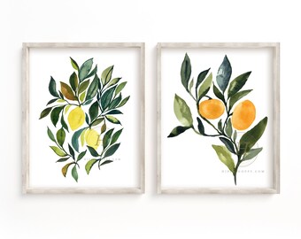 Lemon and Orange Watercolor Prints Set of 2 by HippieHoppy