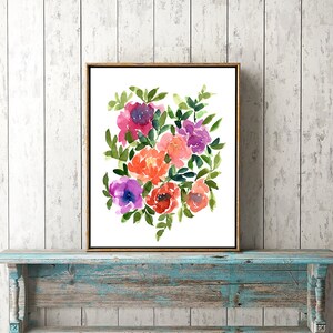 May include: A watercolor painting of a bouquet of pink, purple, orange, and red flowers with green leaves on a white background.