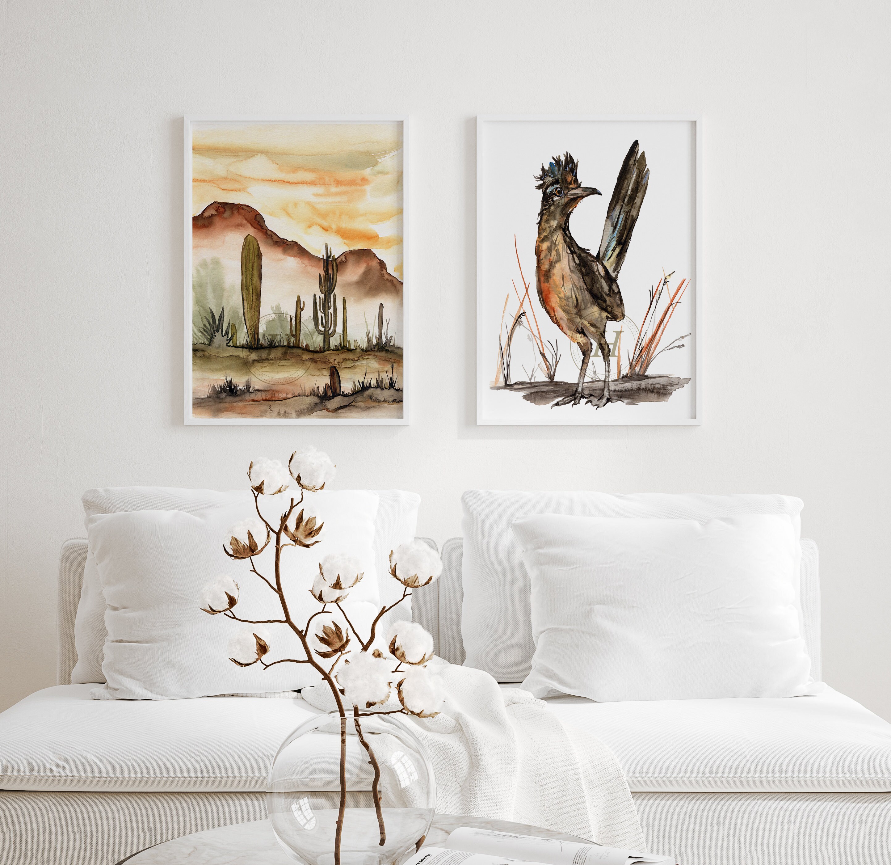 Desert Watercolor Art Print Set: Cactus & Roadrunner Gallery Wall Decor ...