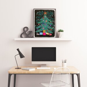 May include: A framed illustration of a green Christmas tree with colorful ornaments and presents. The tree is decorated with a star on top and surrounded by pine branches. The background is black.