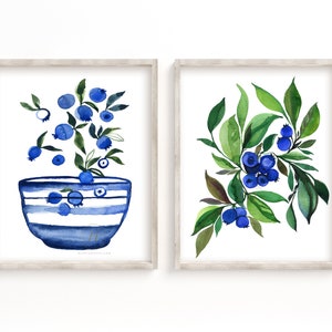 Heidelbeeren, Obst, Aquarell Kunstdrucke, Set von 2