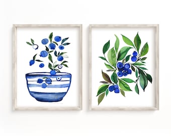 Blueberries, Fruit, Watercolor Art Prints, Set of 2