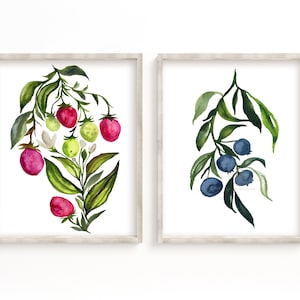 Strawberry and Blueberry Watercolor Art Prints set of 2