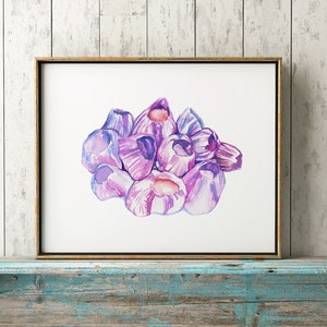 May include: A framed watercolor painting of a cluster of purple and pink sea anemones. The anemones are arranged in a loose, organic shape, and the painting has a soft, dreamy feel.