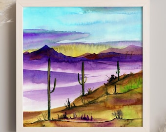 Arizona Desert Watercolor Painting: Cactus Landscape Art Print