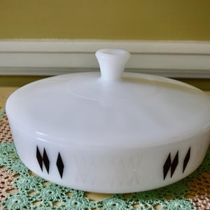 Federal Glass Atomic Harlequin Bowl with Lid Milk Glass Black Diamond Serving Bowl