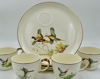 Salem China Company Game Birds Pheasants Snack Set 4 Plates 4 Cups Bird Dishes Vintage Bird Vintage Pheasant Dishes Vintage Birding