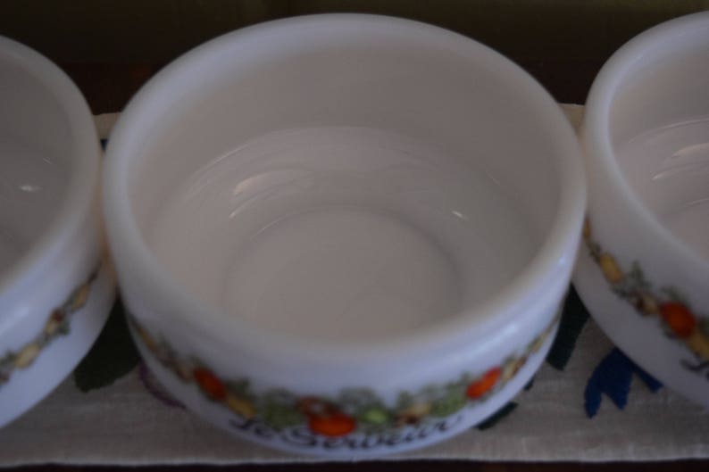 GEMCO Spice of Life Le Serveur Soup Cereal Serving Condiment Bowls with French Lettering Milk Glass Corning Condiments Set of 3