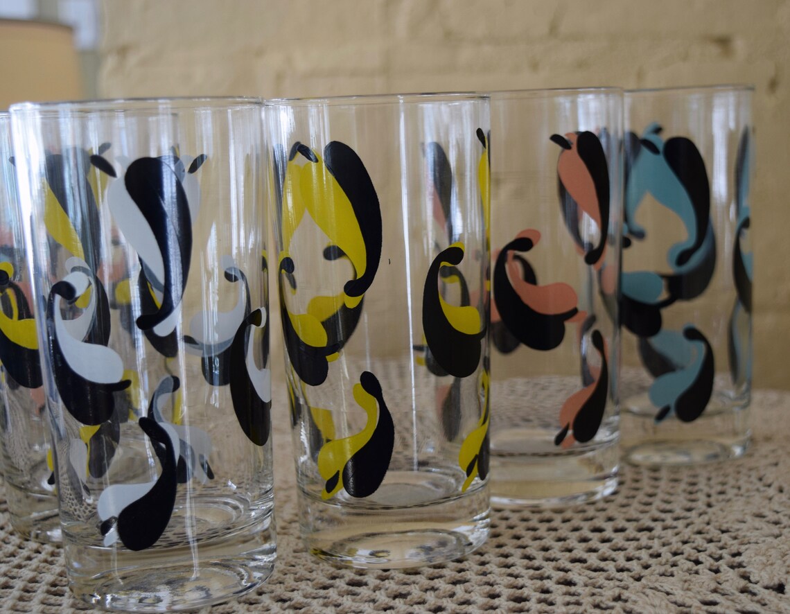 7 Art Deco Drinking Glasses MidCentury Pastel Yin and Yang Etsy