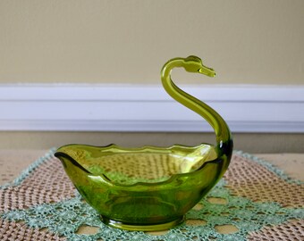 Viking Glass Green Swan Candy Dish Trinket Dish