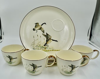 Salem China Company Game Birds Snack Set 4 Plates 4 Cups Bird Dishes Vintage Bird Vintage Water Fowl Dishes Vintage Birding