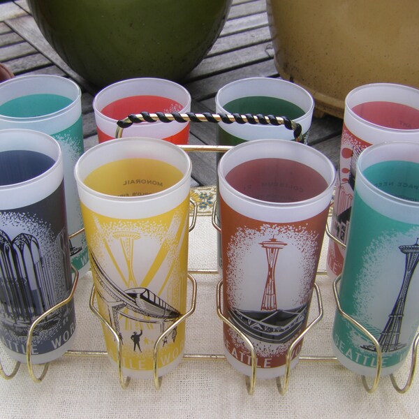 Seattle 1962 Feria Mundial gafas conjunto de 8 y Metal sostenedor de la mediados de siglo modernos Art Deco