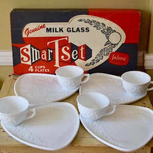 Indiana Glass Milk Glass Snack Set With Triangle Plates Orange Blossom Pattern 1940s Smart Set in Original Box