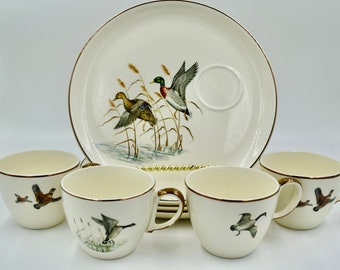 Salem China Company Game Birds Ducks Mallards Snack Set 4 Plates 4 Cups Bird Dishes Vintage Bird Vintage Duck Dishes Vintage Birding