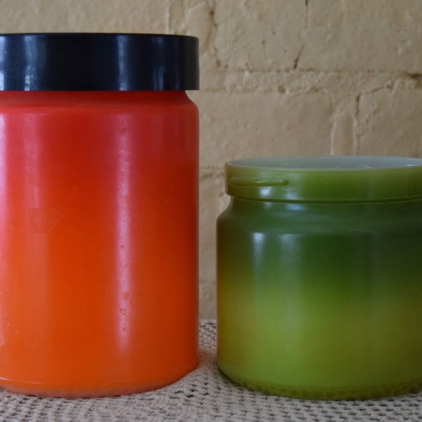 Rare Anchor Hocking Fire King Set of 2 Milk Glass Ombre Jars Red Orange with Black Lid and Green Yellow No Lid