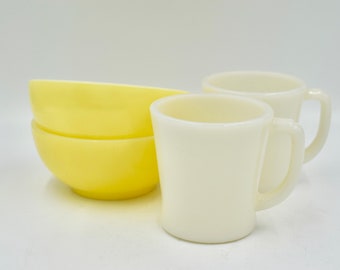 Fire King Yellow Cereal Bowls (2) and Ivory D-Handled Coffee Mugs (2)