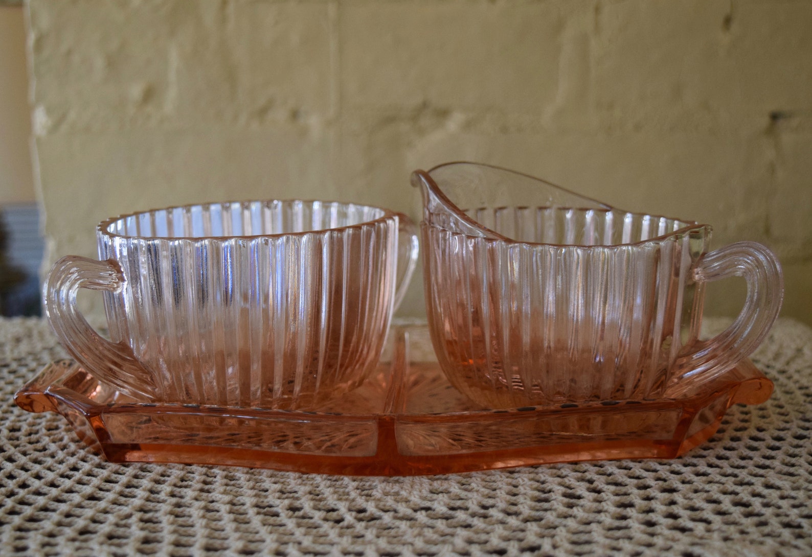 Pink Depression Glass Ribbed Sugar Bowl Creamer and Serving Etsy