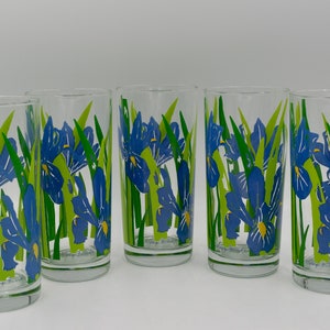5 Georges Briard Mid-Century Highball Glasses with Iris Floral Pattern Set of 5 Signed Glasses Hard to Find Pattern