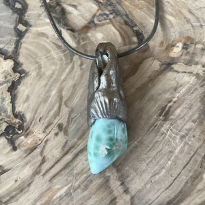 Gorgeous Blue Larimar & Quartz Lemurian Point Pendant on Leather Strap